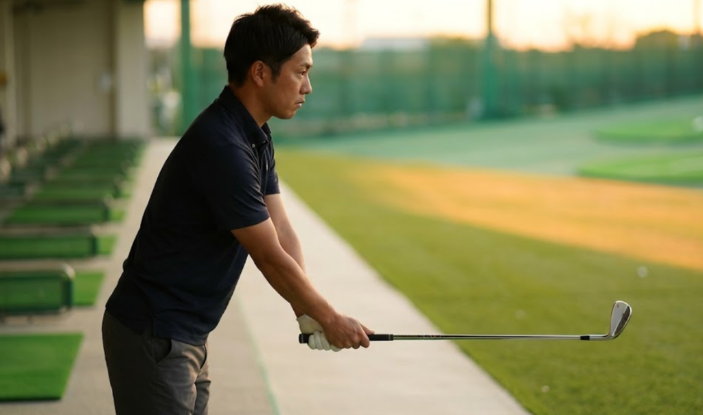 ゴルフ練習場でハーフスイングの練習をする日本人男性。インパクト後の低いフィニッシュの位置で動きを止め、正しい形を確認している。