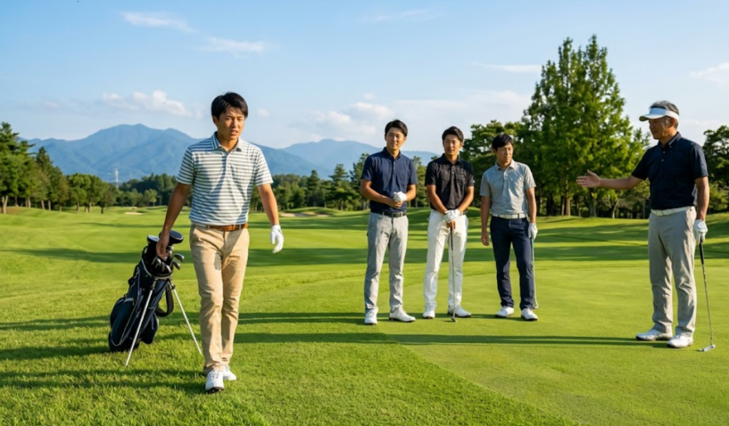 午後の日本のゴルフ場でプレーする4人の日本人ゴルファー。ラフから急いで戻る初心者男性と、それを見守る上級者や仲間たち。レベル差による進行への意識と協力を表現。