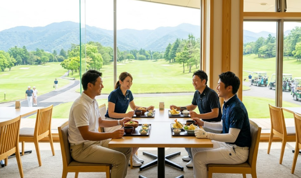 明るい光が差し込む日本のゴルフ場内のレストラン。窓の外に広がるコースを眺めながら、和食ランチを楽しむ4人の日本人ゴルファー。リラックスした昼食休憩の雰囲気を表現。
