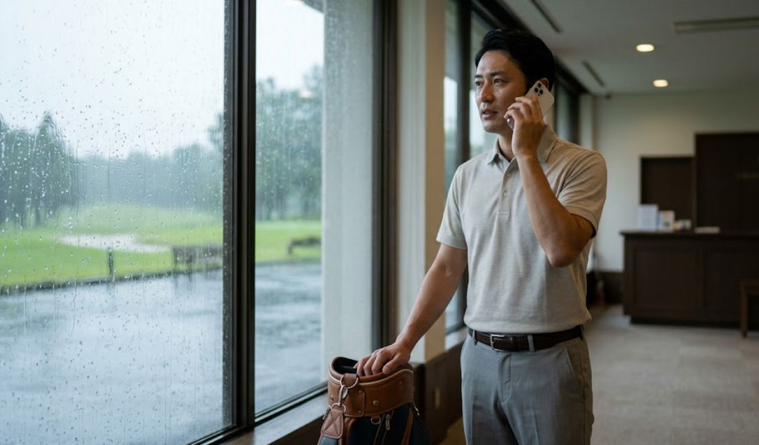 ゴルフ場のクラブハウスで、外の雨を見ながら申し訳なさそうに携帯電話でキャンセルの連絡を入れる日本人のゴルファー。