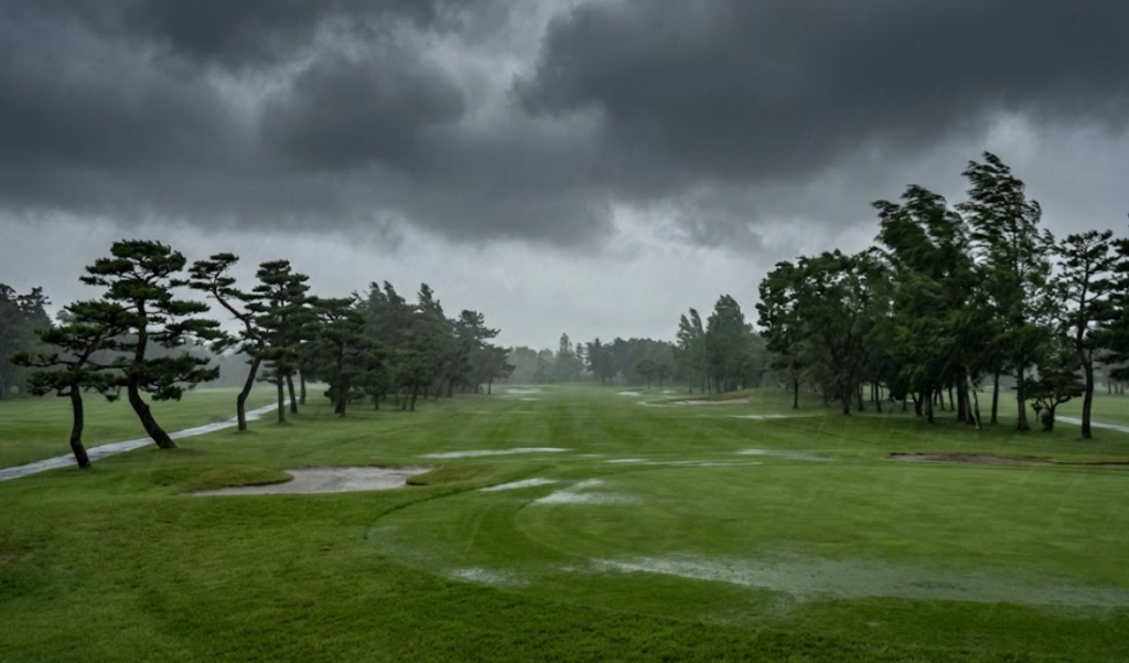激しい雨と風に見舞われ、プレー続行やクローズの判断が分かれる悪天候のゴルフ場の風景