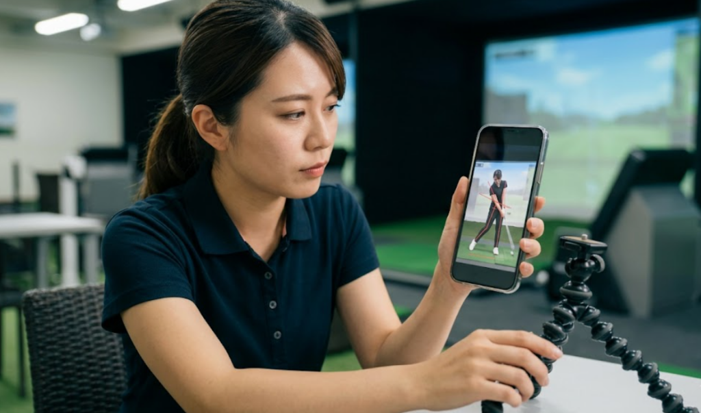 インドアゴルフ練習場で、スマートフォンに録画した自分のスイング動画を真剣な表情で確認し、スイングプレーン(赤い線)をセルフチェックする日本人女性ゴルファー。