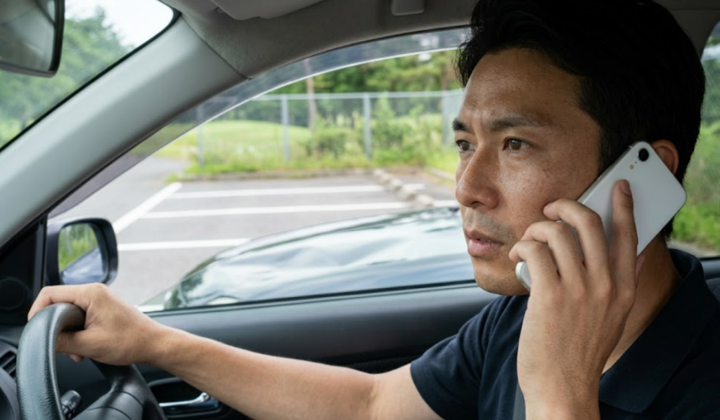 ゴルフボールが当たった愛車の損傷（凹み）を確認し、車内からスマートフォンでゴルフ場へ連絡を入れる日本人男性の様子。安全確保後の初期対応の重要性を示す。