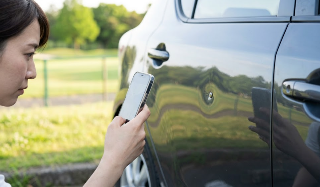 スマートフォンのカメラを使い、ゴルフボールが当たってできた車のドアの凹み（損傷箇所）を至近距離で撮影する日本人女性の手元。証拠記録の重要性を示す。