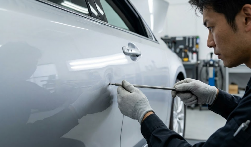 自動車整備工場にて、日本人技術者が専用工具を使い、車のドアパネルにできた小さな凹みを裏側から押し出す「デントリペア」の施工風景。塗装を剥がさない修理手法を示す。