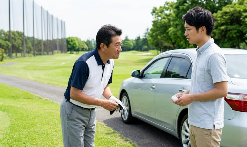 ゴルフ場の敷地外道路にて、自分の打ったボールが車に当たってしまったゴルファー（日本人男性）が、被害に遭った車のオーナー（日本人男性）に対し、誠心誠意お詫びをする様子。トラブル時の誠実な対応の重要性を示す。
