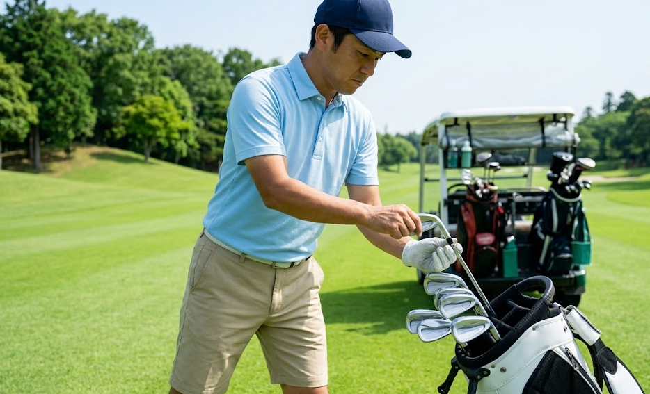 スロープレーを防ぐため、カバーのないアイアンを素早く手に取る日本人ゴルファーの手元。