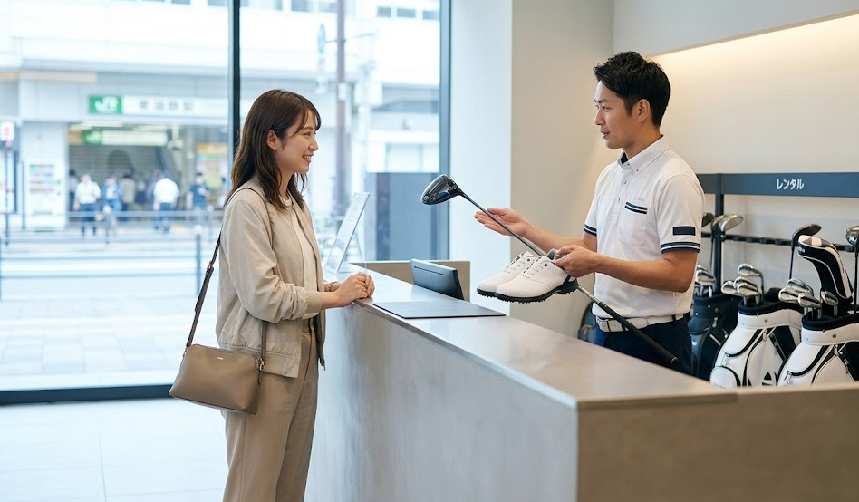 駅近くの都市型インドアゴルフ施設フロントで、手ぶらで訪れた日本人女性がスタッフからゴルフクラブとシューズのレンタルセットを受け取る様子。