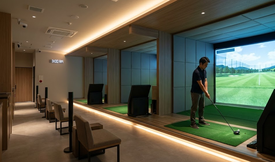 深夜3時、無人で静まり返った最新の24時間営業インドアゴルフ施設で、一人の日本人男性客が黙々と集中してシミュレーター練習に励む様子。