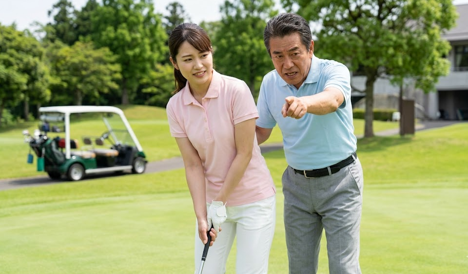 ゴルフの一人予約グリーン上で、日本人男性同伴者から過剰に近づかれ、一方的なアドバイスをされて困惑する日本人女性ゴルファー。不快そうな表情を浮かべている。