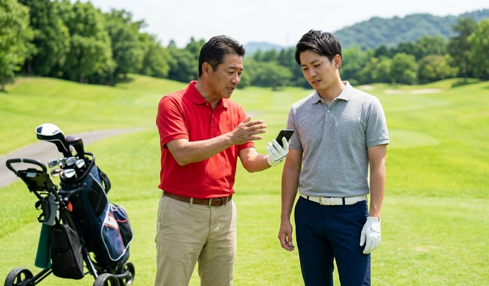 ゴルフコースのティーグラウンドで、スマートフォンの画面を見せながら熱心に自説を語る日本人男性の「教え魔」と、少し困惑しながら聞く日本人男性ゴルファー。