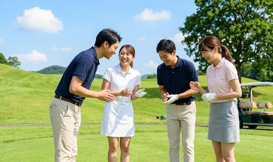 ゴルフの一人予約で、朝のスタートホールにて笑顔で挨拶を交わす日本人男女のゴルファーグループ。良い第一印象を与え、円滑なコミュニケーションを始めている。