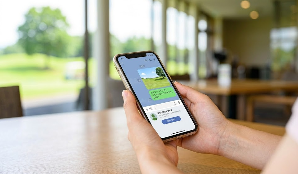 ゴルフの一人予約ラウンド後、意気投合した同伴者とスマートフォンで連絡先（SNS）を交換する日本人ゴルファー。新たなゴルフ仲間との出会いを喜んでいる。