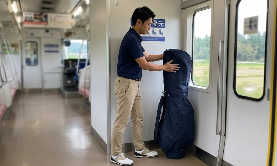 電車の車両最前部、壁際のデッドスペースにゴルフバッグを立てかけ、手で支えて乗車するマナーの良い日本人ゴルファーの男性。