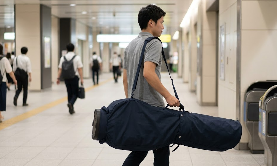 駅構内を移動中、ゴルフバッグのショルダーストラップを短く調整し、脇にしっかりと抱え込んで周囲の邪魔にならないように歩く日本人男性。