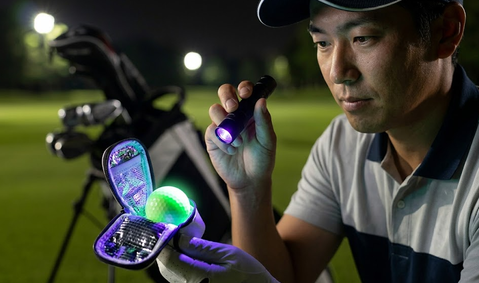 夜間のゴルフコースで、日本人ゴルファーが専用ポーチに入れた蓄光式ゴルフボールに携帯用紫外線(UV)ブラックライトを照射し、急速充電している様子。