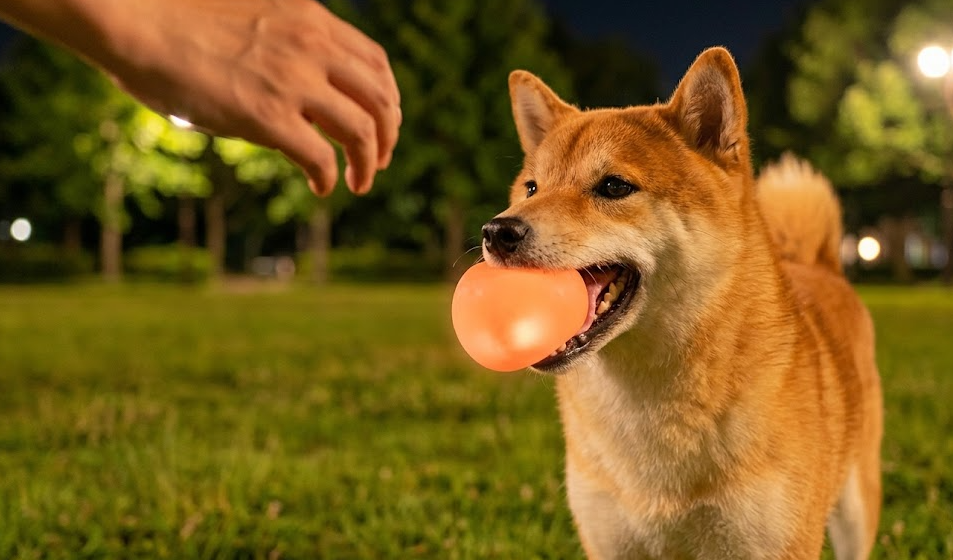 夜の公園で、柔らかなシリコン製の光るおもちゃのボールを嬉しそうに咥える柴犬。ボールはLEDで優しく光り、犬の安全を考慮した設計になっている。