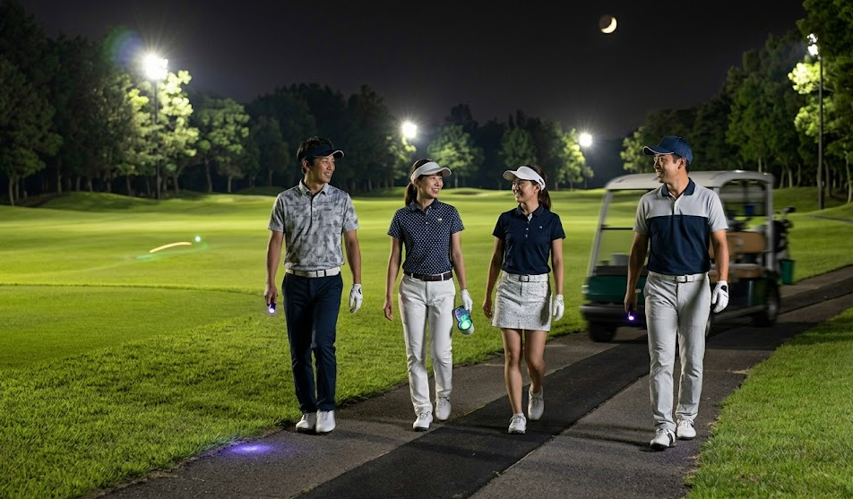 美しくライトアップされた日本の夜間ゴルフコースで、LEDボールや蓄光システム、シールなどを活用しながら、笑顔でラウンドを楽しむ日本人ゴルファーのグループ。