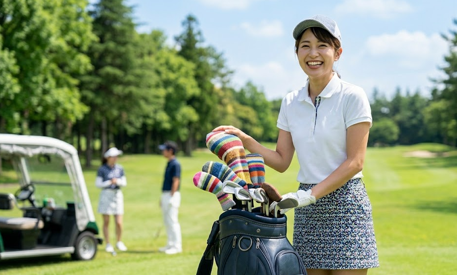 ゴルフクラブを触って楽しそうな日本人女性