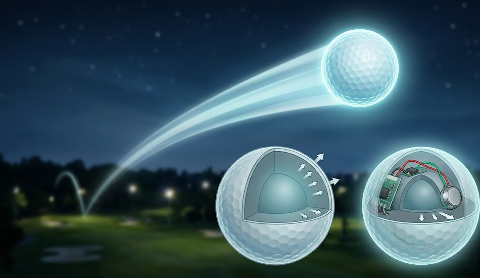 夜空を飛ぶ光るゴルフボールと、通常のボール、LEDボールそれぞれの内部構造のカットウェイ比較図。LEDボールには電子部品や電池が埋め込まれている。