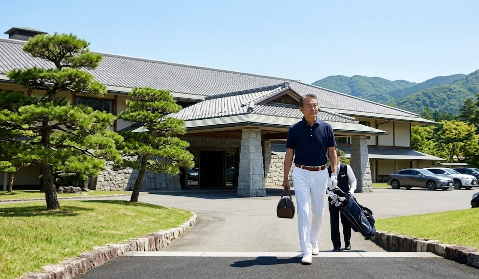 伝統的な日本建築様式のゴルフ場クラブハウスの、青空の下での外観。格式高い雰囲気を漂わせ、名門コースのドレスコードの厳格さを連想させる。