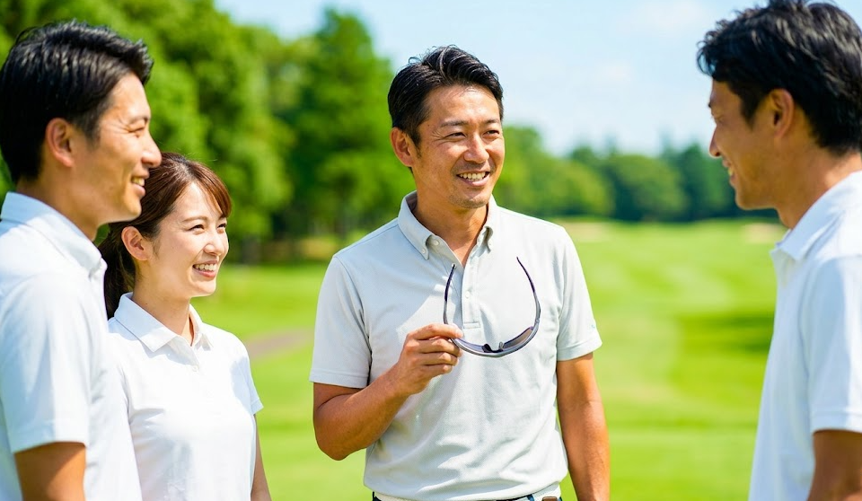 夏のゴルフ場で、同伴者と挨拶を交わす際、サングラスを外して目を見て話す日本人ゴルファーのスマートなマナーを捉えたスナップ。