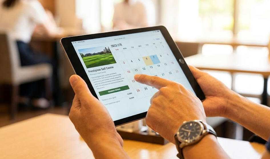 接待ゴルフの計画を立てるために、タブレット端末で候補日のスケジュールとゴルフ場情報を確認するアジア人の男性