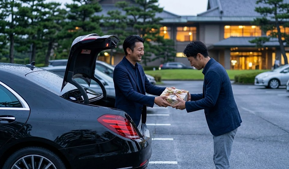 ゴルフ場の駐車場で、プレー後にゲストへ丁寧にお土産（手土産）を渡すアジア人の男性