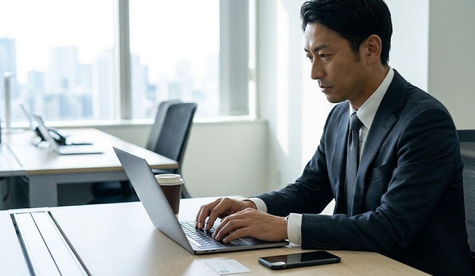 ゴルフ接待の翌朝、デスクで真剣な表情でゲストへのお礼メールを作成する日本人のビジネスマン