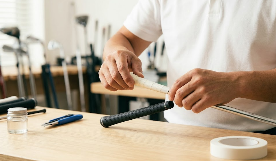 ゴルフ工房で、日本人クラフトマンがゴルフクラブのシャフトに下巻きテープを螺旋状に重ね巻きしている様子。グリップの太さを微調整する熟練の手技。