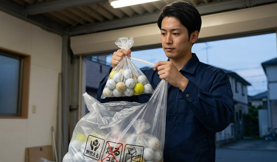 ゴルフボールを大量に捨てる際、袋が破れないよう小分けにして自治体指定の燃えないゴミ袋に入れる日本人男性。
