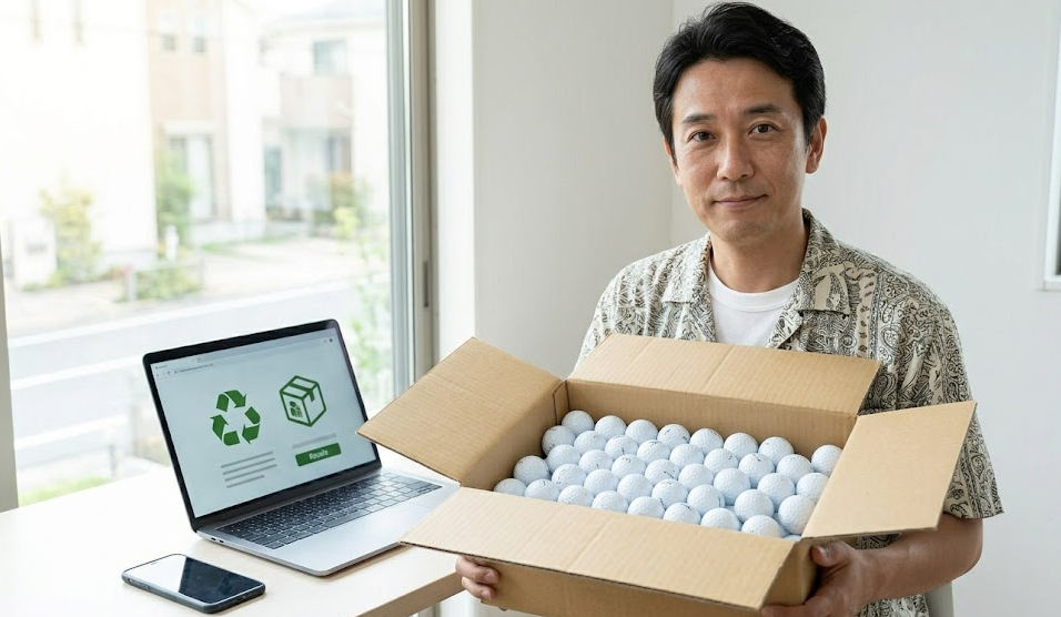 自宅のリビングで、買取業者に宅配買取を依頼するため、ダンボールに中古ゴルフボールを詰める日本人男性。