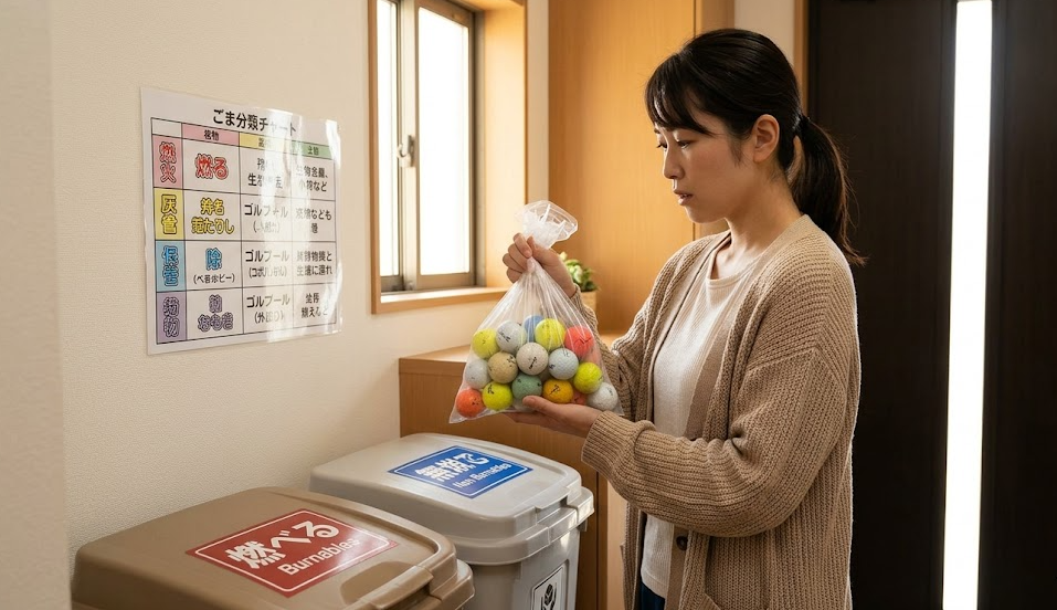 ゴルフボールの捨て方に悩み、自宅のゴミ分別ルールを確認する日本人女性。燃えるゴミか燃えないゴミか迷っている様子。