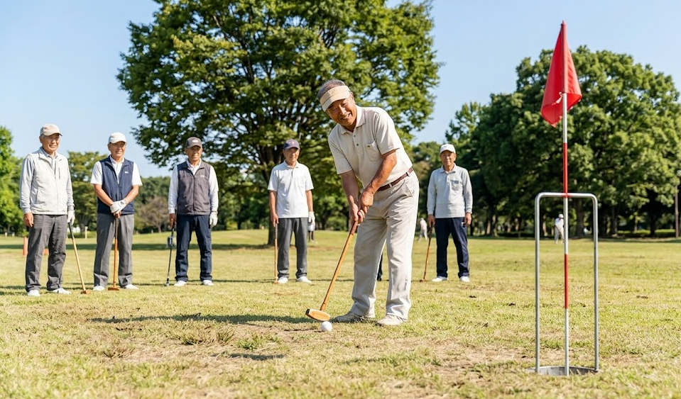 公園の広場で、地面に設置された金属製のホールポスト(旗付きの輪)を狙ってグラウンドゴルフをプレイする、日本人のシニアグループ。