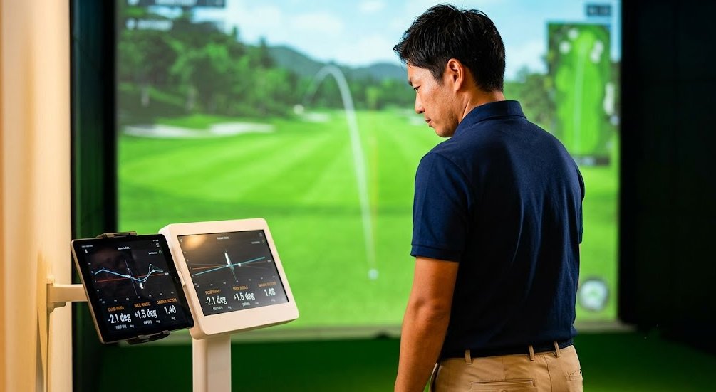 インドアゴルフ練習場で、日本人ゴルファーがシミュレーター画面の飛距離データだけでなく、タブレットに表示された詳細なスイング分析データ(クラブパスやフェース角、ミート率)を真剣に確認している様子。データの見方を客観的に捉える重要性を示す一枚。