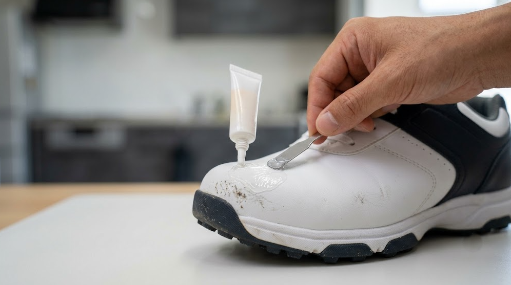 ゴルフシューズの傷ついたつま先に、液体コーティング剤（シューグー）を専用ヘラで薄く均一に塗布しているメンテナンスの様子。