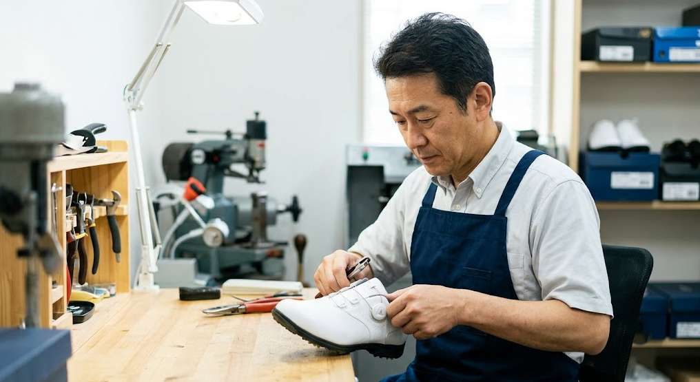 専門の靴修理店にて、日本人の熟練職人が白いゴルフシューズのBOAワイヤー系統を修理している様子。作業台には専用工具が並び、プロフェッショナルな技術で作業が進められている。