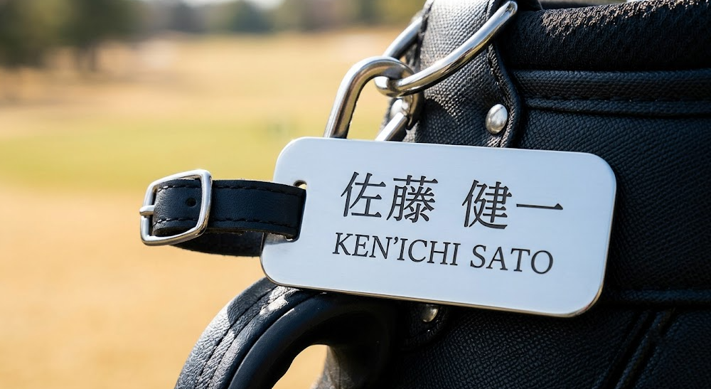 ゴルフバッグのネームプレート（頑丈なステンレス金属製、彫刻文字表記）