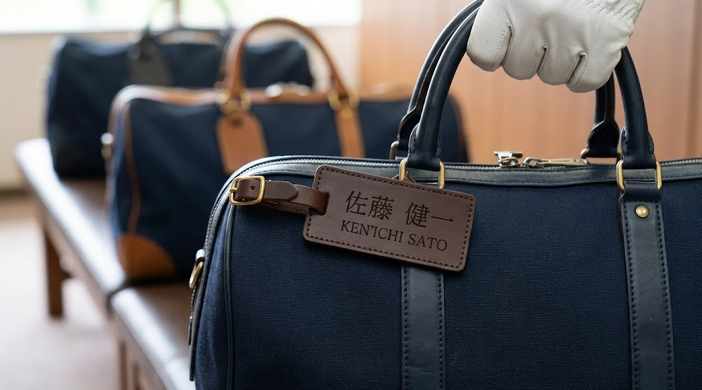 ゴルフ用ボストンバッグに取り付けられた、小さめのネームタグ（漢字フルネーム表記）