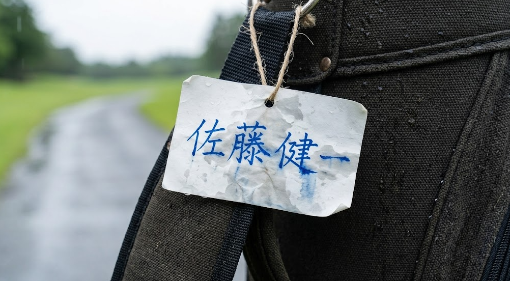 ゴルフバッグのネームプレート失敗例（雨で滲んで読めなくなった手書きの紙タグ）