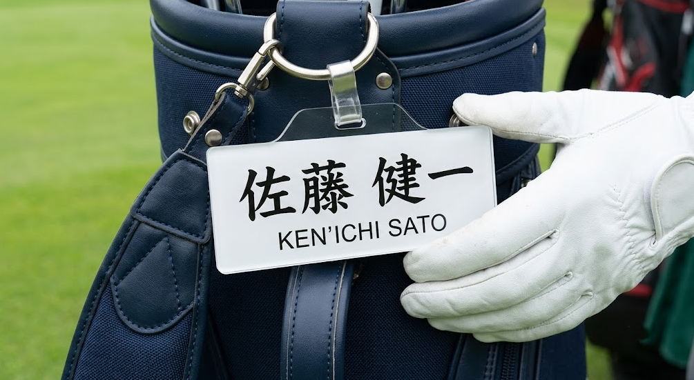 ゴルフバッグの正しいネームプレートのマナー（漢字フルネーム表記、キャディバッグへの取り付け例）