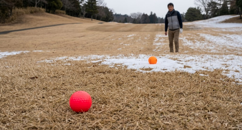 冬の枯れ芝と薄っすら積もった雪の上に置かれた、コントラストの強い蛍光レッドとオレンジのゴルフボール。