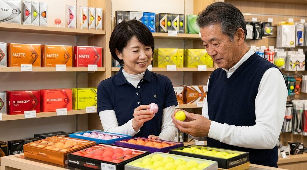 日本のゴルフショップで、シニア層と女性ゴルファーが、マット仕上げやパールピンクなど様々なカラーゴルフボールの商品を手に取って選んでいる様子。