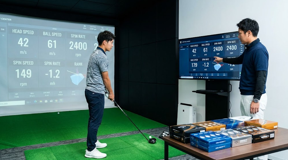 インドアゴルフスタジオで弾道計測器のデータを確認する日本人男性ゴルファーとフィッター。ヘッドスピードやスピン量を元にボールを選ぶ様子。