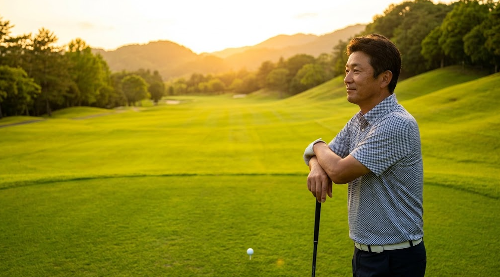 夕暮れのゴルフ場。自分に最適なボールを見つけ、満足げにフェアウェイを眺める日本人男性ゴルファー。飛距離アップとスコア向上のイメージ。
