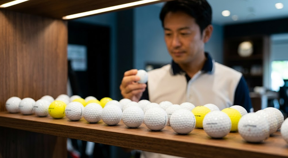 ゴルフショップの棚に並ぶ多種多様な最新ゴルフボールと、それを品定めする日本人男性ゴルファー。自分に合うボール選びのシーン。