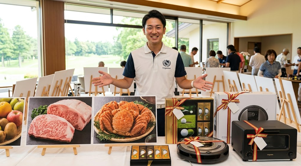 ゴルフコンペの景品カウンターで、豪華な松阪牛の目録パネルや高級家電を指差し、笑顔で紹介する日本人男性幹事。参加者が喜ぶ景品選びのシーン。
