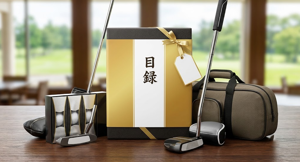 ゴルフコンペのブービー賞として喜ばれる景品の詰め合わせ。高級和牛の目録、パター、高級ゴルフボール、旅行カバーなどが並ぶ。