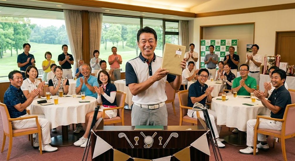 ゴルフコンペの表彰式で、ブービー賞の景品を受け取り笑顔を見せる日本人男性と、拍手を送る参加者たち。和やかな会場の様子。